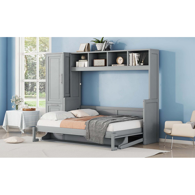 Lit escamotable Murphy avec placard et tiroirs, Gris, Double