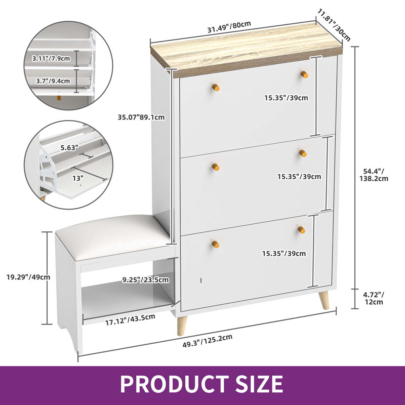 Modern Narrow Hidden Shoe Storage Cabinet Organizer With Bench For Entryway With 3 Flip Drawer, White