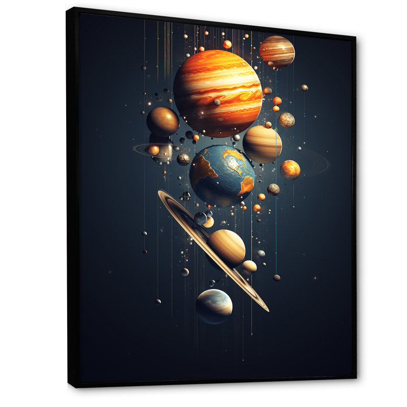 Art mural bleu et orange, planète Odyssey IV, Cadre flottant noir, 32" H x 16" W