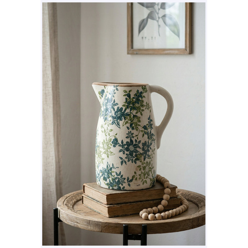 Vase à fleurs 9,4 "H, pichet décoratif en céramique avec motif floral