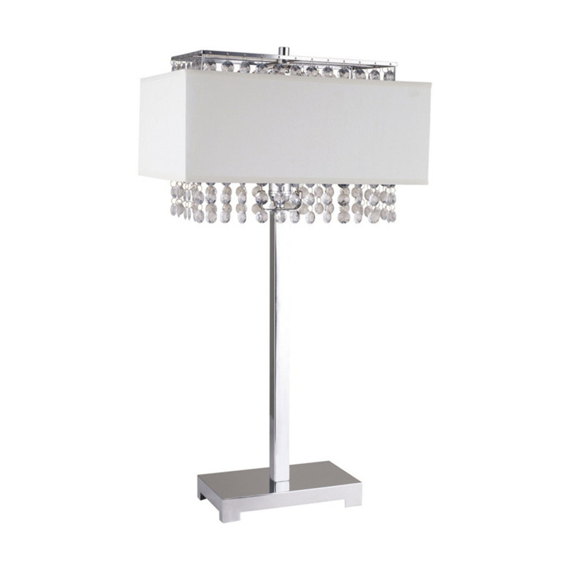 Lampe de table en métal de 28 po de hauteur avec finition argentée, abat-jour blanc et accents de cristal