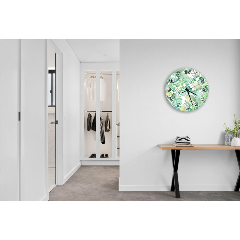 Horloge murale en verre trempé tropical feuille, art moderne vert et blanc, horloge murale, 20 pouces, Noir romain