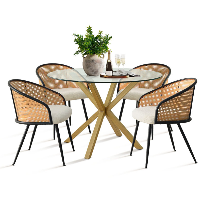4 - Person Dining Table Sets With 39'' Round Table & 4 Upholstered Boucle Armchairs, White/Oak