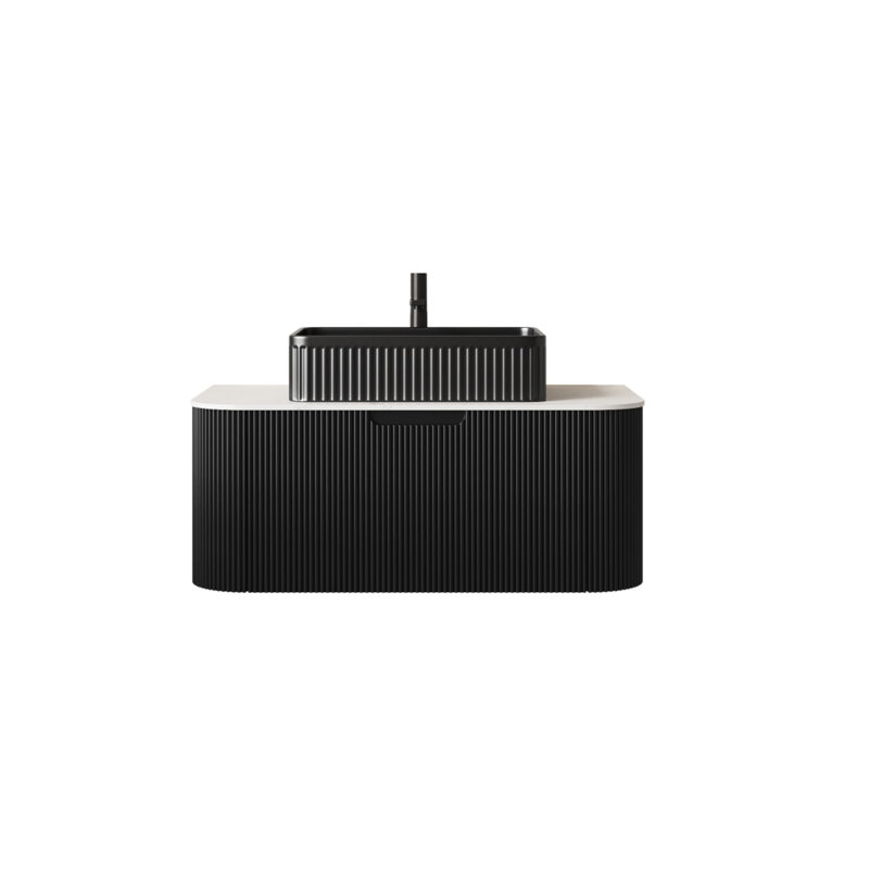 36-Inch Wall-Mounted Floating Curved Edge Striped Bathroom Vanity With Sink With Drawers, Black Rectangular Ceramic Basin, Black