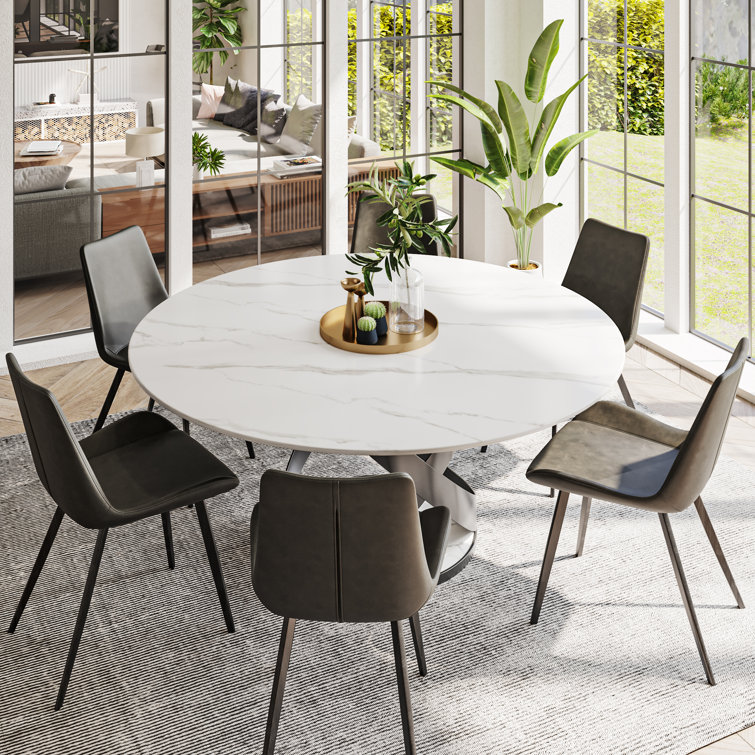 Suzzie Modern Round Dining Table for 4-6 with Sintered Stone Tabletop, Carbon Steel Base Pre-Assembly