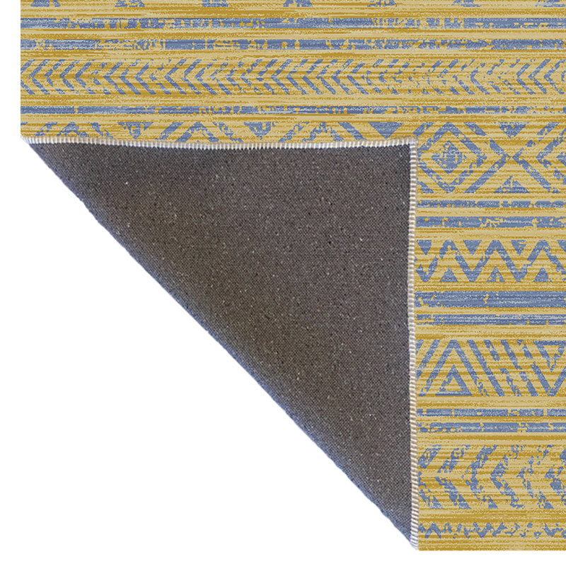 Tapis à motif géométrique à rayures bleues et jaunes, Rectangle 4 pi 7,12 po x 6 pi 6,74 po