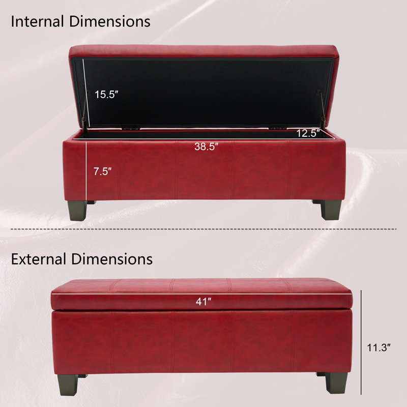 Red Faux Leather Rectangular Storage Ottoman Bench
