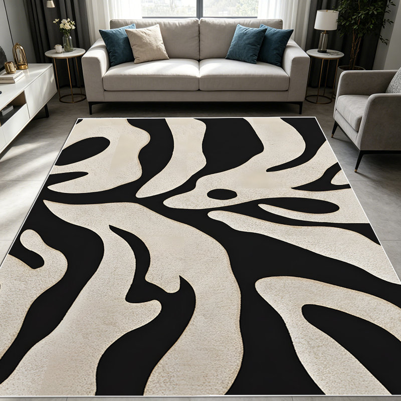 1PC Black and Beige Abstract Swirl Botanical area rugs for Living Room, Soft and Comfortable, Suitable for all seasons, easy-to-maintain, machine washable Indoor floor mat, Under Table Farmhouse suitable for dining room, bedroom, home office,
