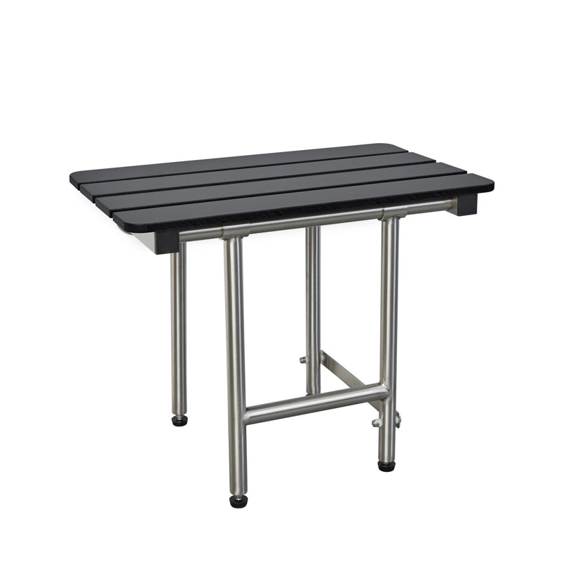 28-inch x 15-inch ADA Bariatric Folding Wall Mount Bathroom Shower Seat Bench with Legs, Black Slatted Phenolic Seat