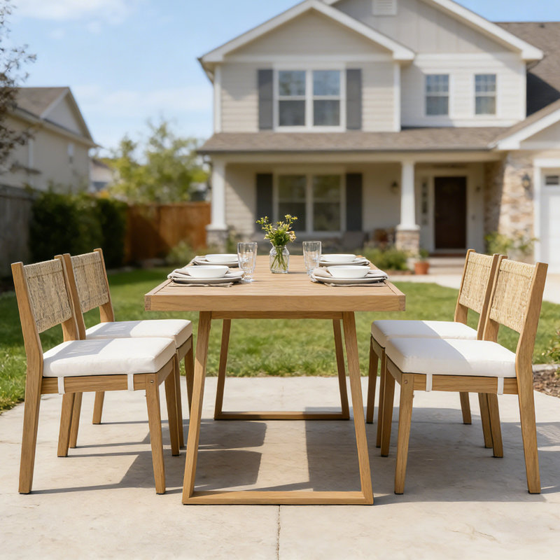 Ensemble de salle à manger d'extérieur en bois d'acacia avec coussins, table et chaises pour la cour et le jardin, Beige