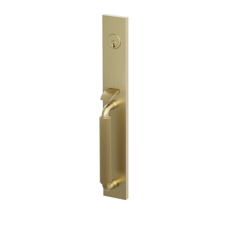 Ensemble de porte d'entrée pleine longueur Emtek Select tubulaire, tige extérieure en forme de R, poignée droite moletée, tige intérieure en forme de L, poignée lisse, laiton satiné