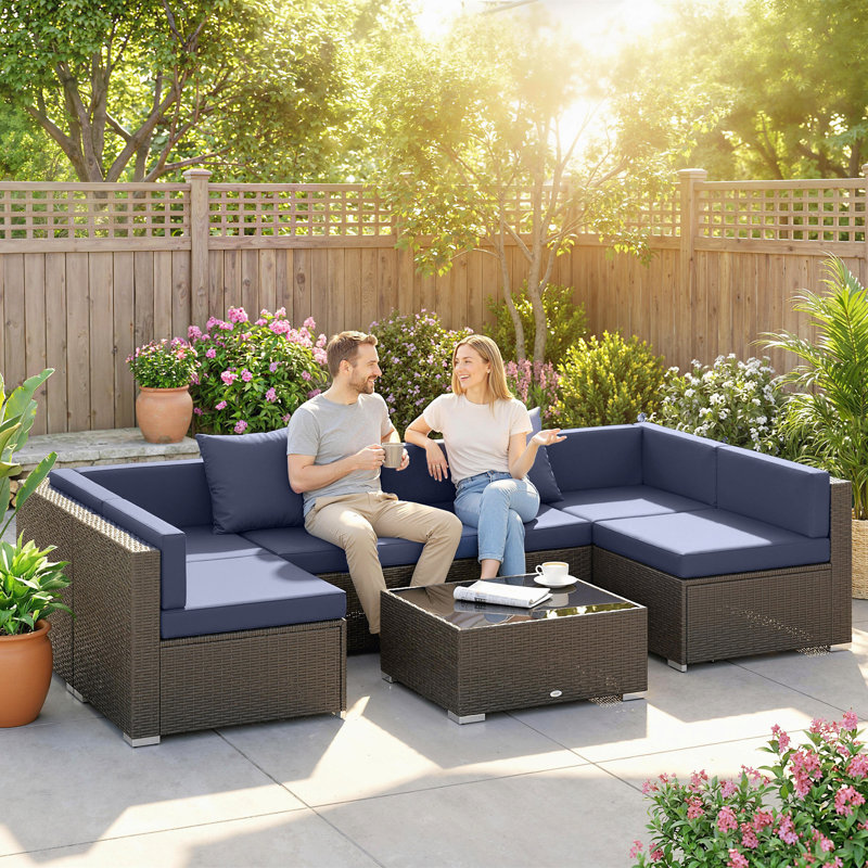 Ensemble de 7 meubles de patio avec coussins, table basse bleu marine