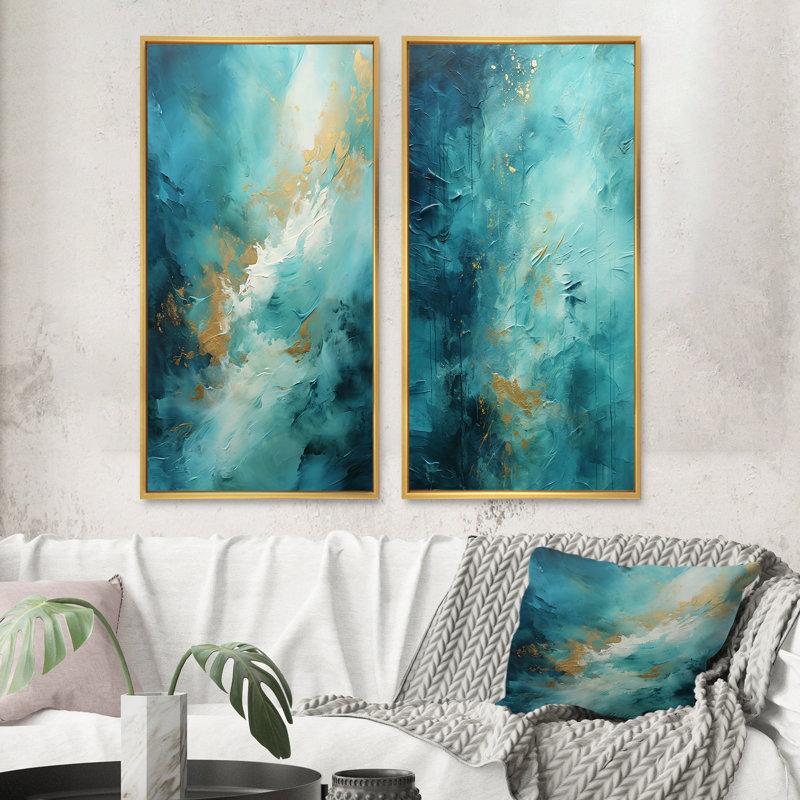 " Turquoise Tranquility " 2 - Pieces on Canvas, Gold Framed, 40" H x 40" W