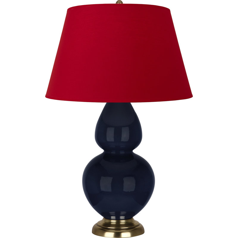 Lampe de table double gourde en céramique, Blanc cassé, Bleu minuit verni / laiton, Laiton