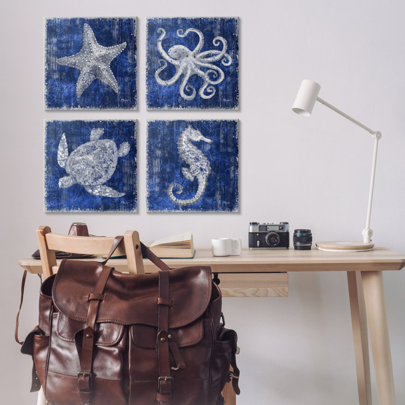  «Sea Life on Abstract Blue», ensemble de 4 toiles murales par Paul Brent