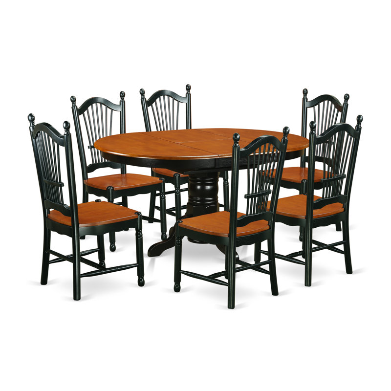 Ensemble de table de salle à manger 7 pièces composé d'une table ovale en bois avec papillon et 6 chaises de cuisine, noir et cerise