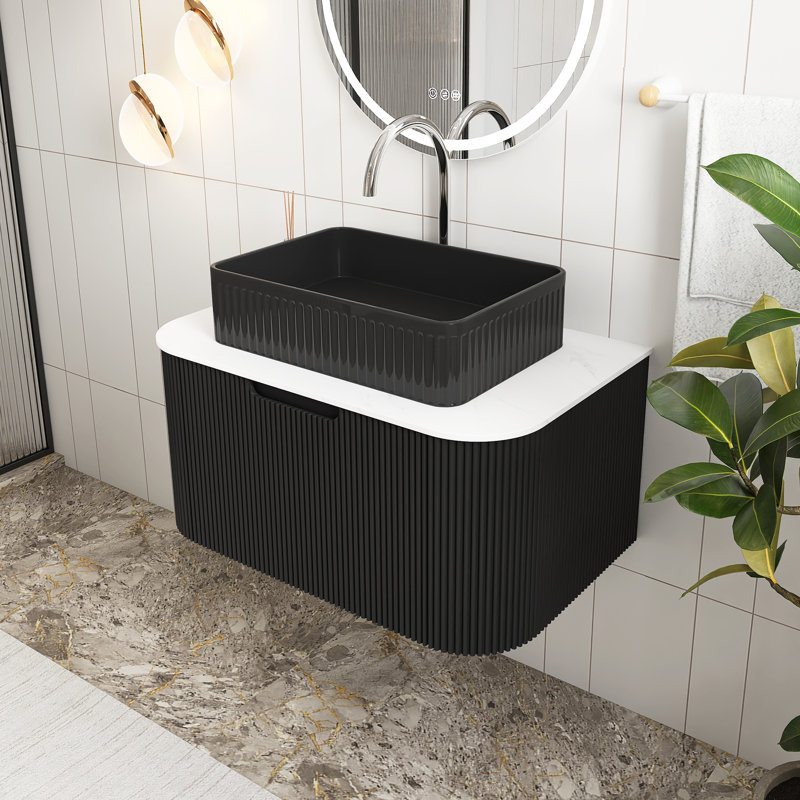 Meuble-lavabo mural rectangulaire en céramique blanche, 30", Noir