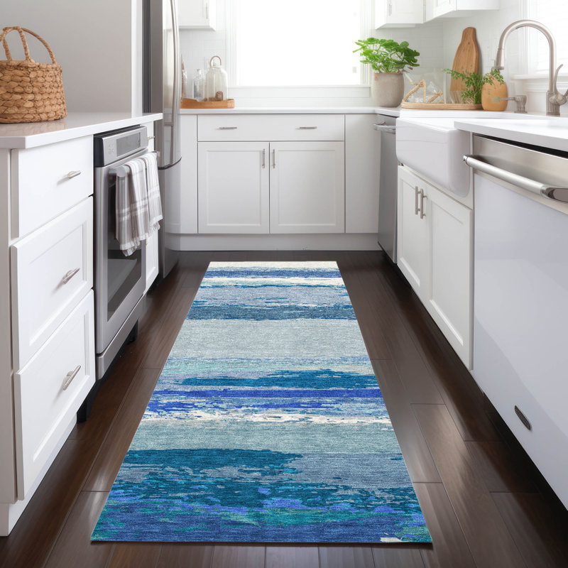 Machine Washable Indoor/Outdoor Christain ACN1282 Blue Rug, Runner 2'3" x 7'6"