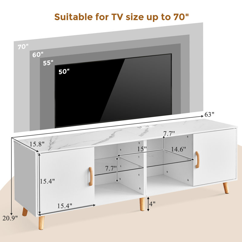 Meuble télé en bois pour téléviseur de 75 po ou moins avec lumière DEL et station de charge, console multimédia Coastal, meuble de rangement multimédia avec 2 portes, meuble télé avec éclairage, cadeau