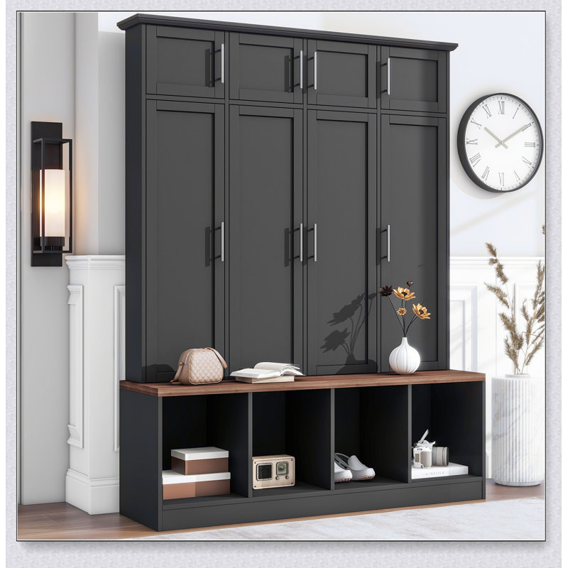 Versatile Hall Tree with 4 Hanging Hooks, Wood Grain Bench, and Multiple Storage Compartments for Entryway Organization