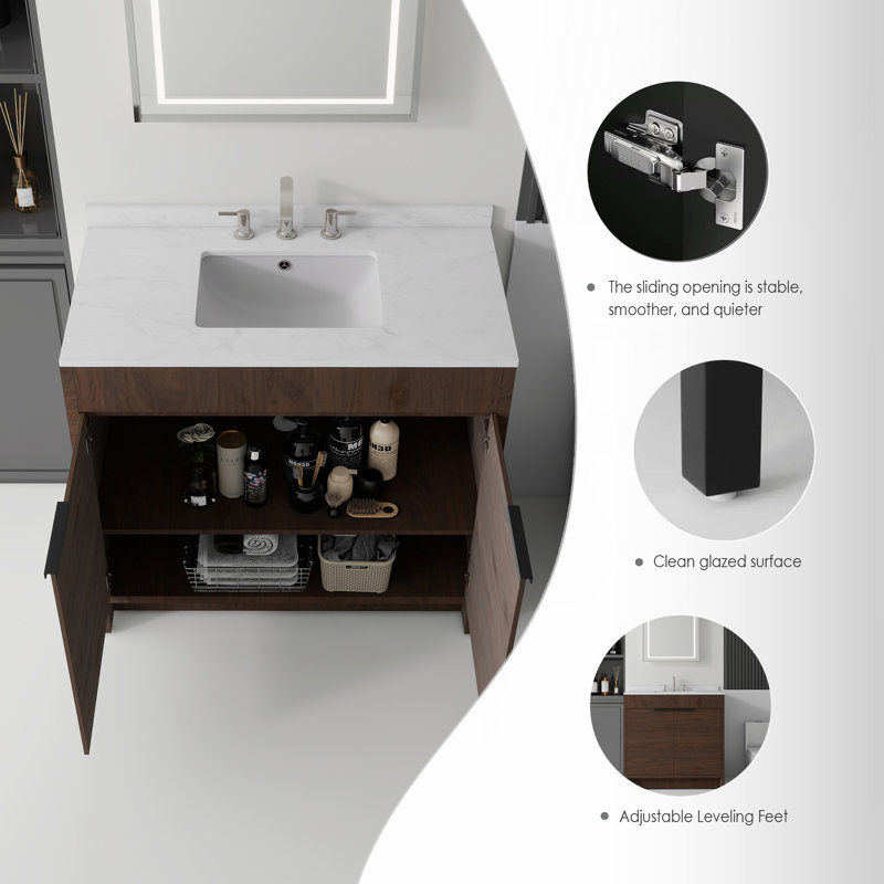 Meuble-lavabo autoportant avec lavabo, Brun, 36"