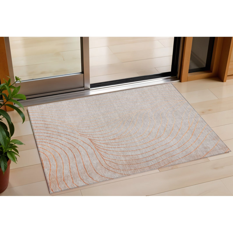 3' X 5' Copper And Silver Abstract Washable Indoor Outdoor Area Rug