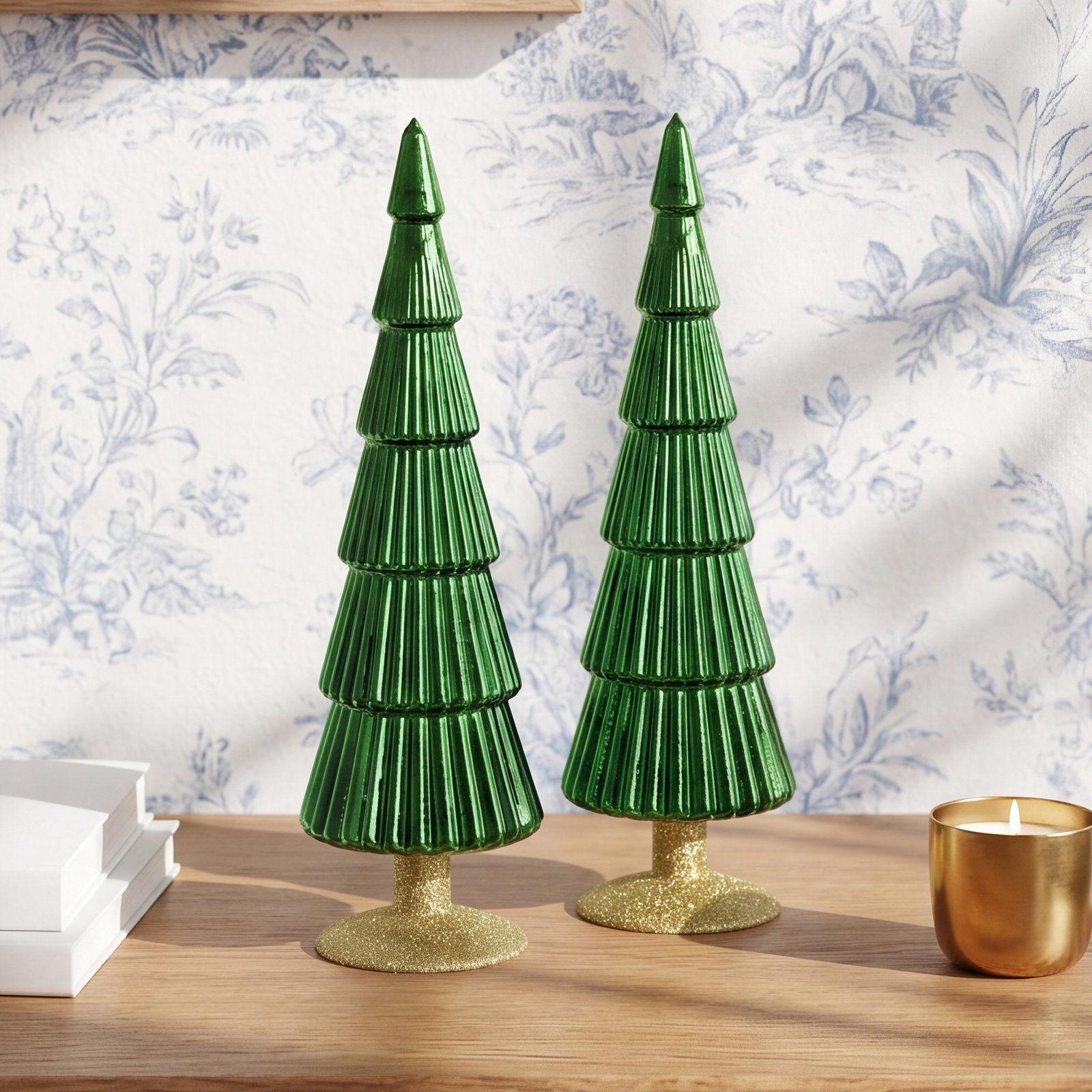 Halette 2-Piece Red Glass Tabletop Tree Set, 13.5" H x 3.5" W x 3.5" D, Green/Gold