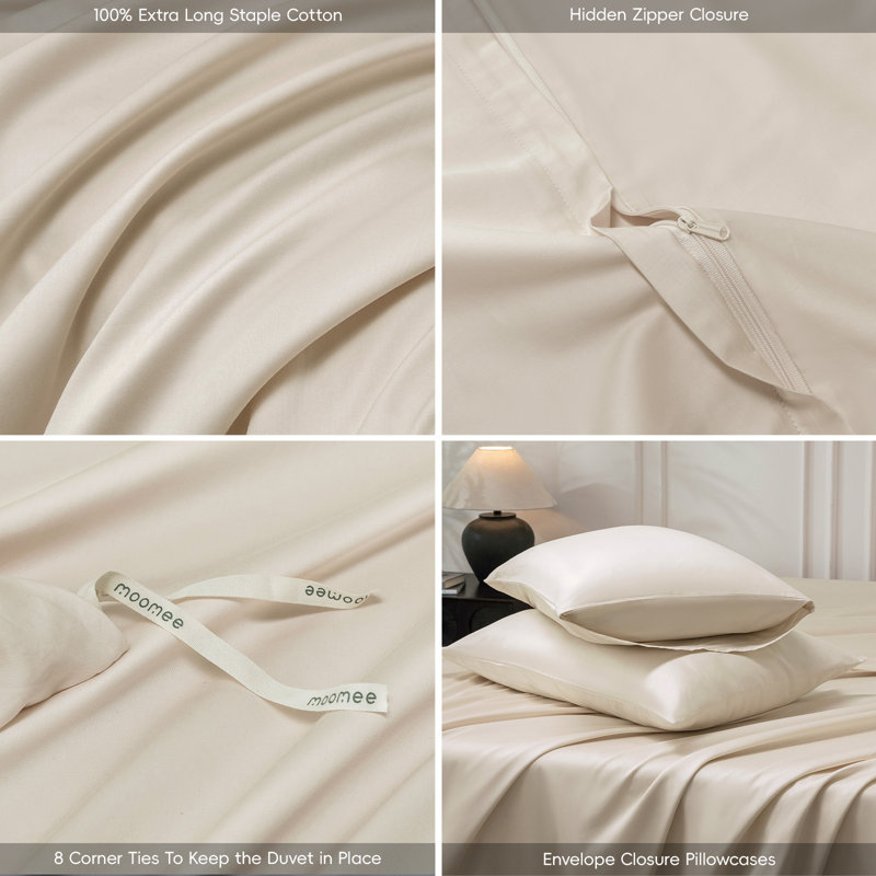 MooMee Duvet Cover Set Silky Sateen Look Luxury Sheen Zipper Closure & 8 Interior Ties 100% Long-Staple Cotton 600TC , Beige