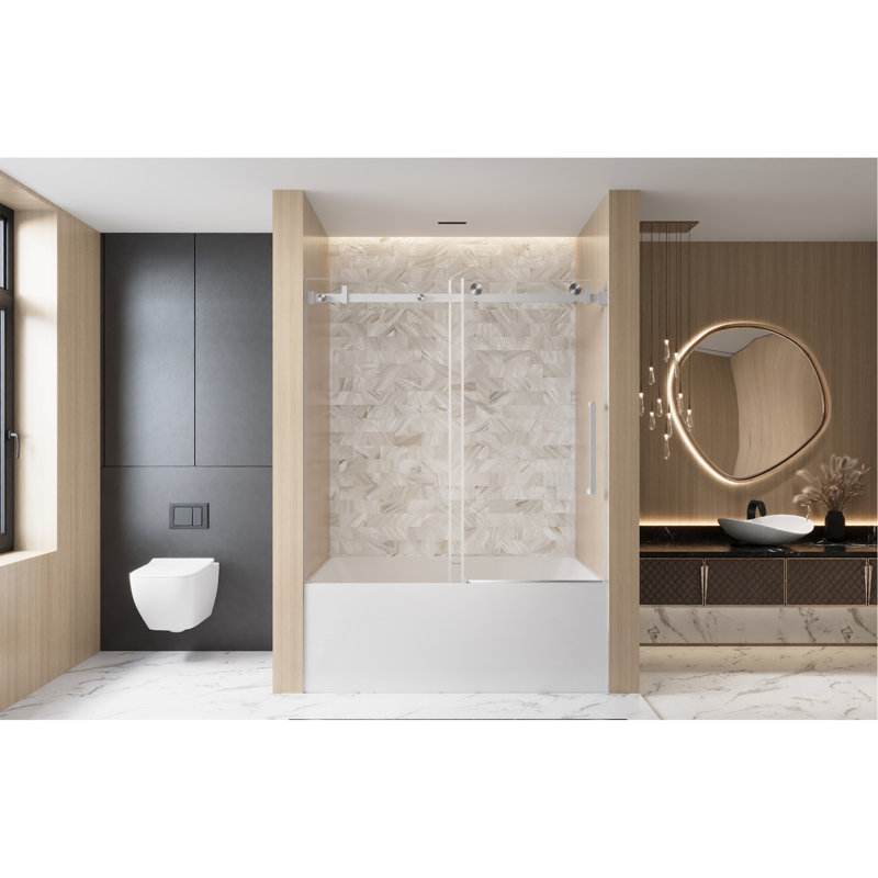 Frameless Single Sliding Shower Door  56-60 "W X 60" H, 1/4 "(6 Mm) Clear Tempered Glass, Explosion Proof Film, Stainless Steel Handle  Square Tube Track ,Brushed Nickel