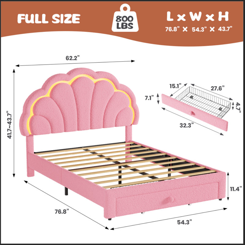 Full Size Upholstered Bed Frame with Storage Drawer, Berber Fleece Platform Bed, Wood Support, No Box Spring Needed, Easy Assembly, Pink