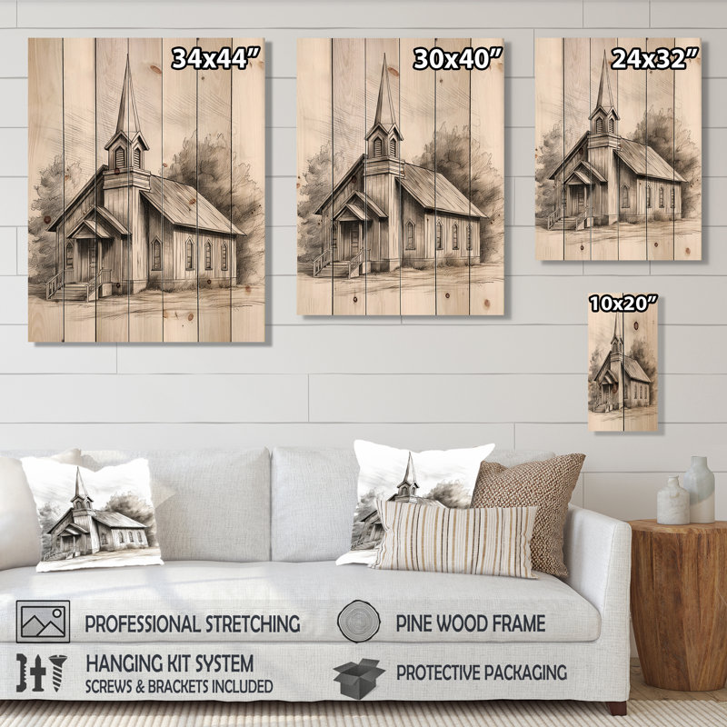 «Minimalist Grey Church Serenity - Church On Wood Print», H 20 po x l 10 po