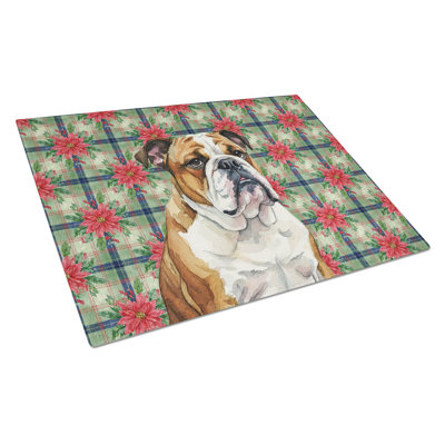 Brindle and White English Bulldog Christmas PoinsettIas Glass Cutting Board