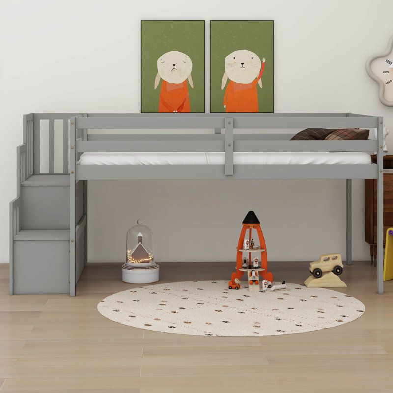  Zahara Twin Loft Bed With Staircase, Gray