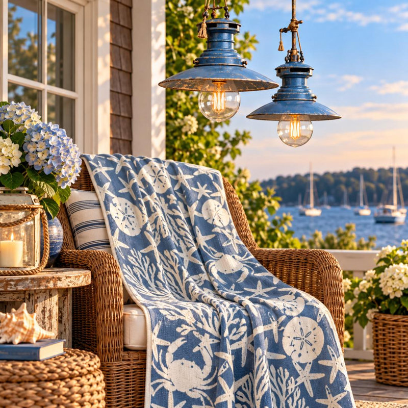 In2Green Coastal Marine Life Knit Throw Blue
