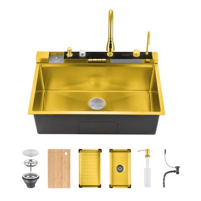 Évier de cuisine encastré à simple cuve en acier inoxydable avec affichage numérique, robinet de pulvérisation rétractable, distributeur de savon, laveuse à tasses et grille à vaisselle optionnelle