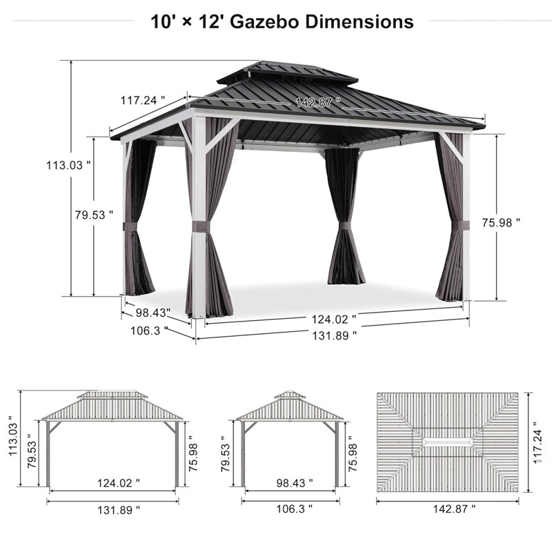 Purple Leaf 10' X 12' Hardtop Gazebo Outdoor Double Roof Gazebo White Aluminum Frame Pavilion With Curtain And Netting For Patio, Garden And Backyard, Grey