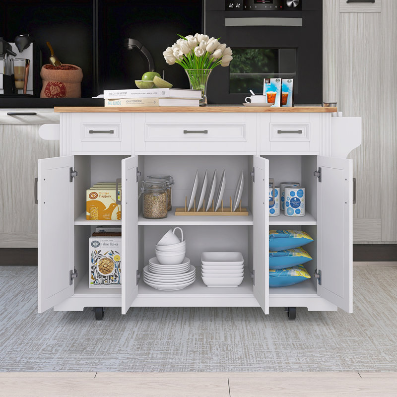 Chariot de cuisine en bois d'hévéa de 54 po avec support à épices et porte-serviettes, Blanc