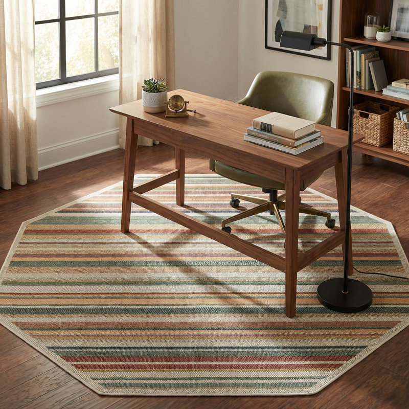 Dimesford Striped Beige/Green/Red Indoor / Outdoor Area Rug, Octagon 7'10" x 7'10"