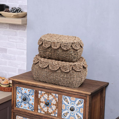 Ensemble de 2 paniers de rangement en osier ronds à la main, boîtes décoratives en rotin, panier en osier tissé avec couvercles, panier en osier festonné avec couvercle