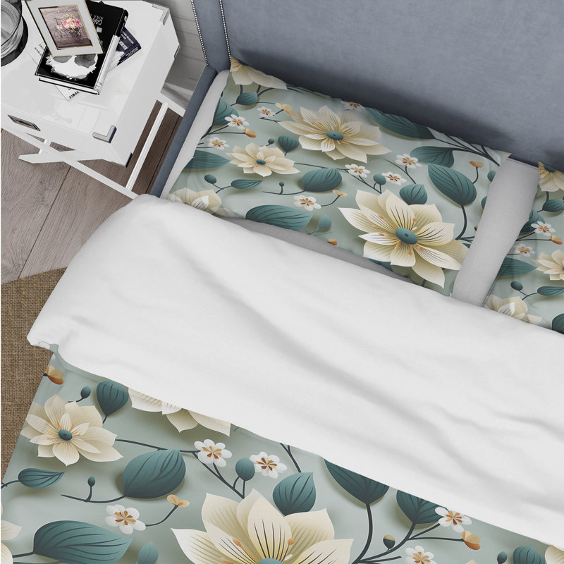 Teal & Ivory Coastal Elegance Floral Pattern - Ensemble de housse de couette à motif floral