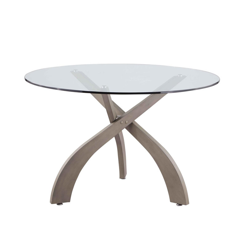 Contemporary Round Glass Top Dining Table w/ Solid Wood Base