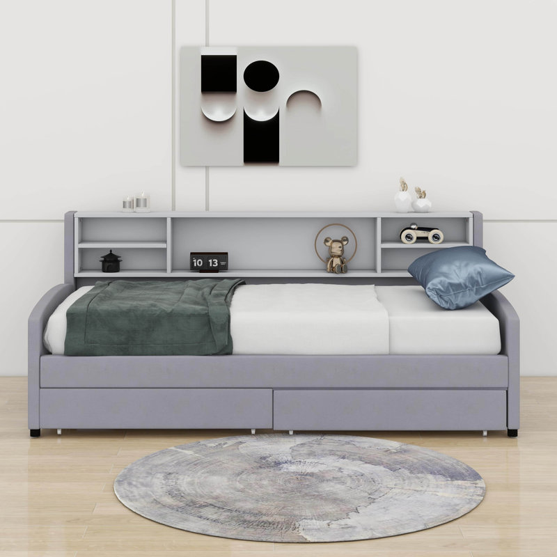 Lit plateforme simple tapissier avec tiroirs, Gris