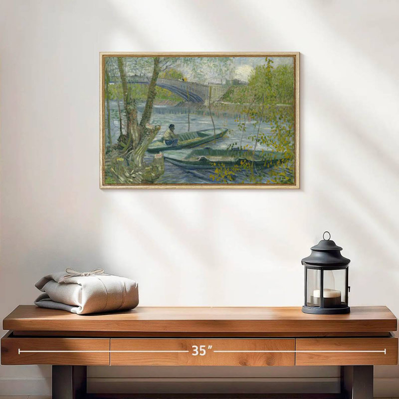 Pêche au printemps, 19 po x 13 po, Cadre flottant en bois naturel