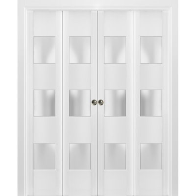 Sliding Closet Double Bi-fold Doors 96" x 96" (4* 24x96) Lucia 4070 White Silk with Frosted Glass Sturdy Tracks Moldings Trims Hardware Set Wood Solid Bedroom Wardrobe Doors