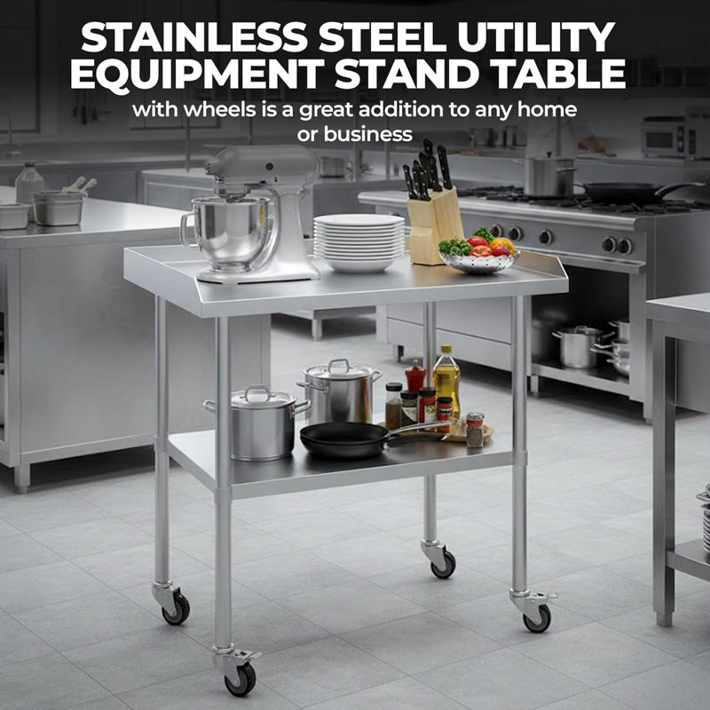 Support roulant en acier inoxydable avec 4 roulettes, table de travail à 2 niveaux pour cuisine professionnelle, 61 cm (L) x 183 cm (P)