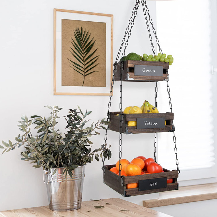 Gracie Oaks 3-Tier Rustic Wood Hanging Fruit Basket, Kitchen Fruit