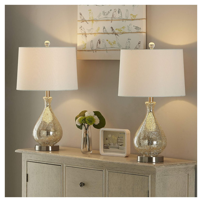 Lampe de table moderne en verre transparent avec abat-jour en lin blanc et base en nickel poli (ensemble de 2)