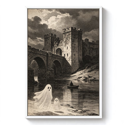 Squelette d'Halloween au château d'une cascade, tableau sur toile encadré, cadre blanc, 50 x 75 cm