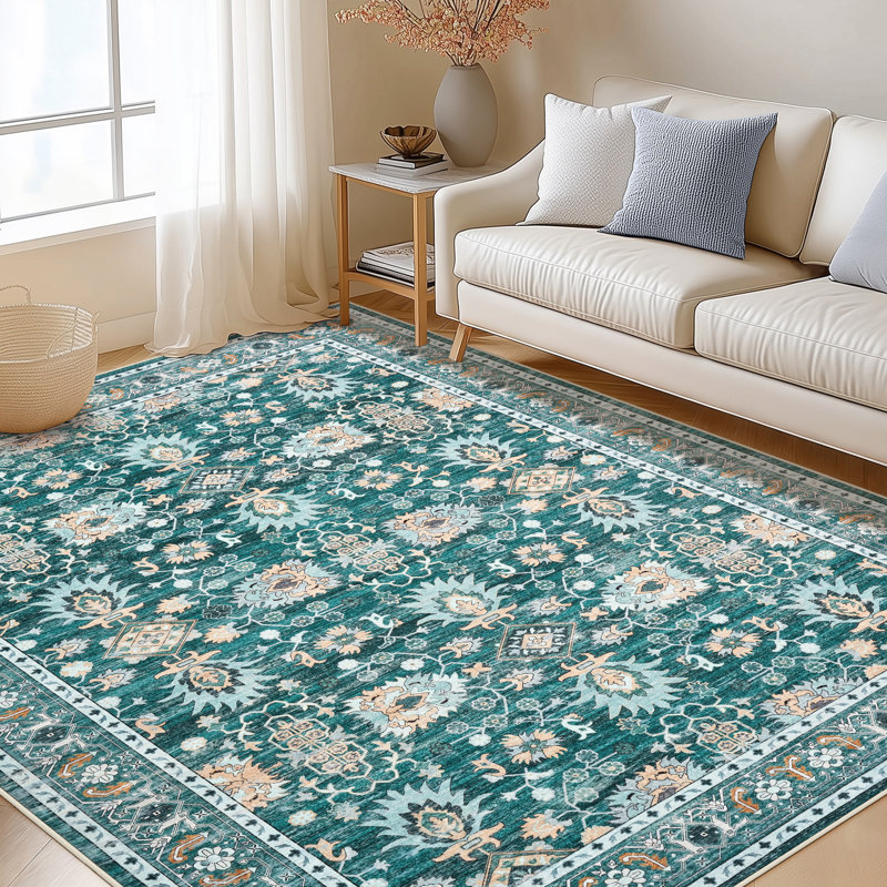 Large Area Rug 9x12 Vintage Rug Non Slip, Thin Washable Oriental Carpet, Soft Non Shedding Floor Covering, Low Pile Foldable Printed Mats for Open Spaces Office Hotel, Green