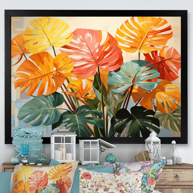 «Orange Green Tropical Plants I» sur toile, H 24 po x l 32 po x P 1 po, Cadre photo noir